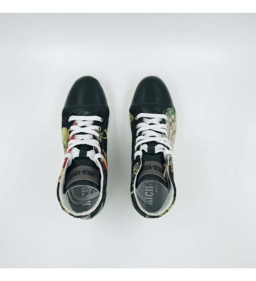 Handmade shoes Black Gobelin with Flowers and Green blank Leather